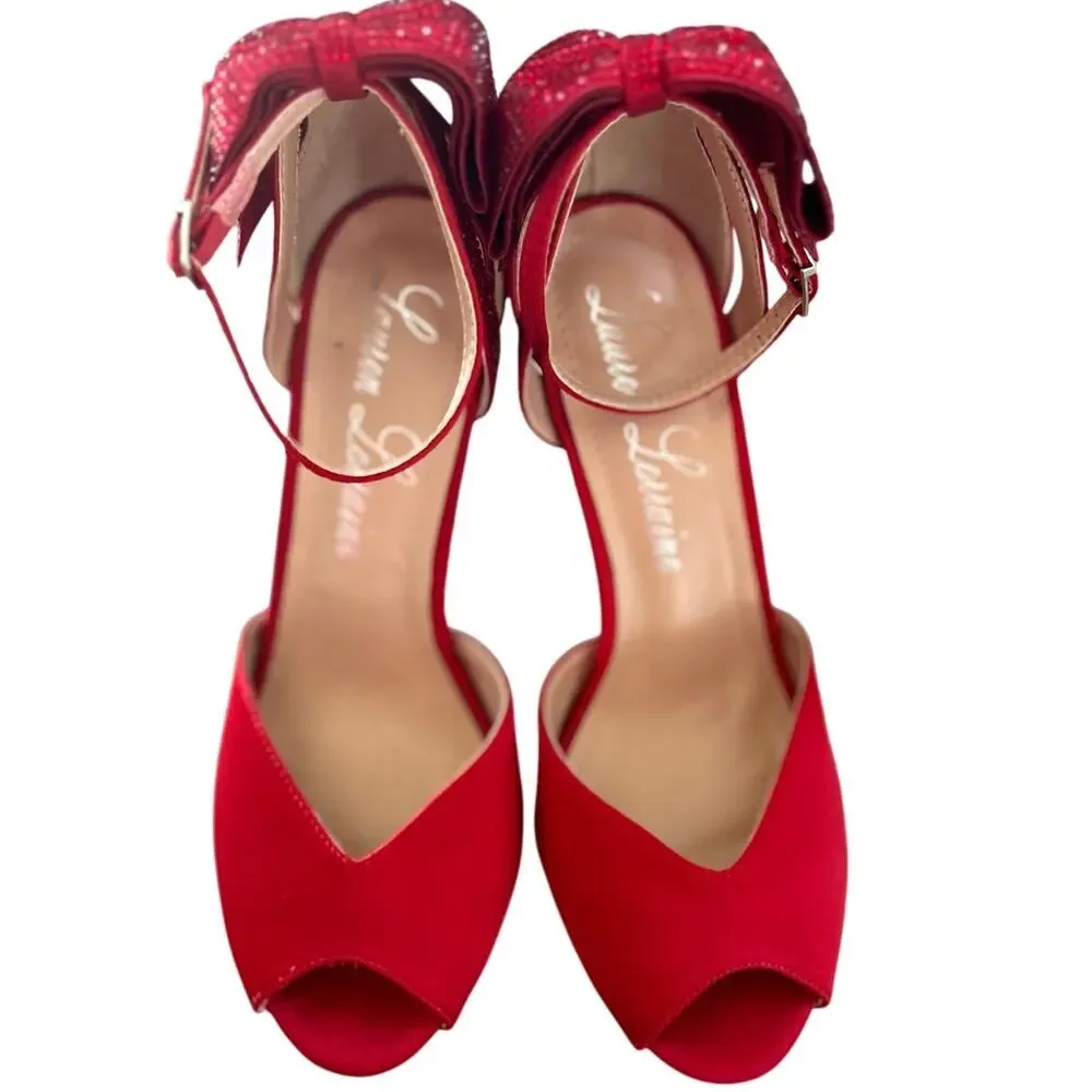 Lauren Lorraine Red Satin & Crystal Embellished Bow Ankle Strap Heels